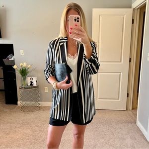 Alice & Olivia Blazer Jacket, Neta, Black & Cream Stripes, Open Front